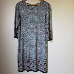 EUC LONDON STYLES COLLECTION BOHO PAISLEY 3/4 SLEEVES SLINKY SHIFT DRESS SZ 12P